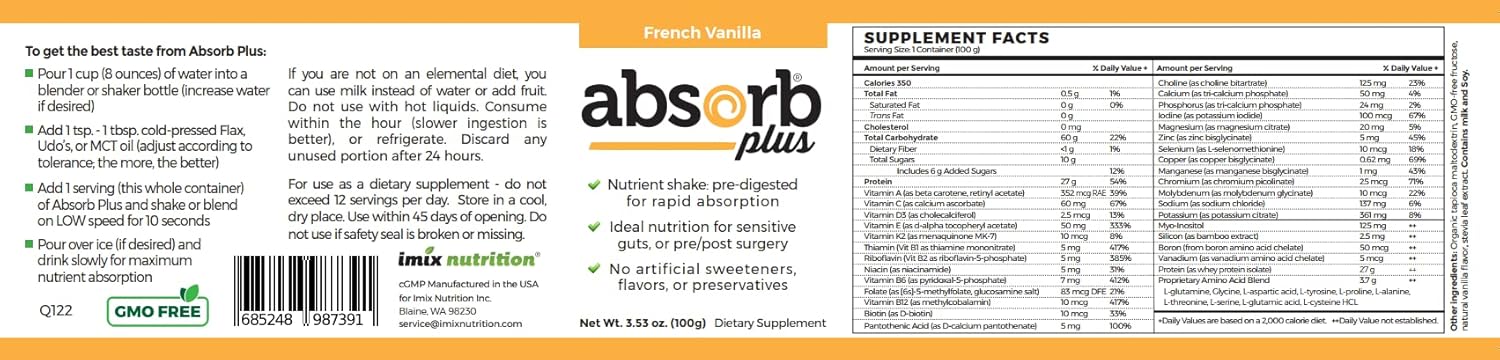 French Vanilla Absorb Plus Isolate Protein - Non-GMO, Gluten-Free, Lactose-Free, Casein-Free Diet Supplement for Gut Health & Nutritional Support (100 g)