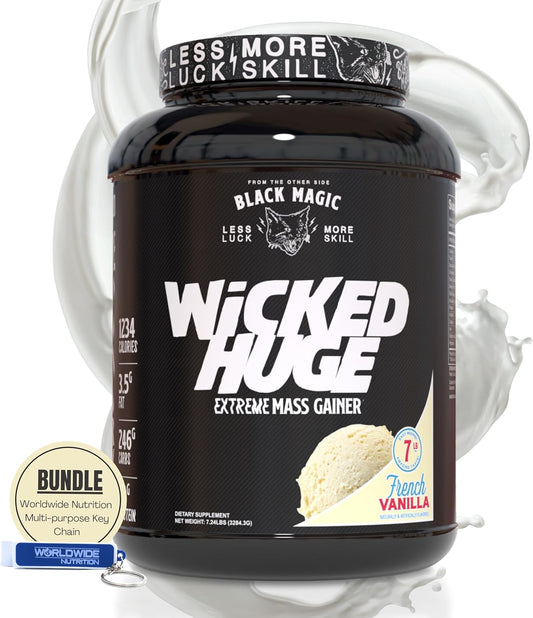 French Vanilla Mass Gainer Protein Powder Bundle for Muscle Support - 7.24 LBS Supplement with Keychain, Compatible with Black Magic Wicked Huge