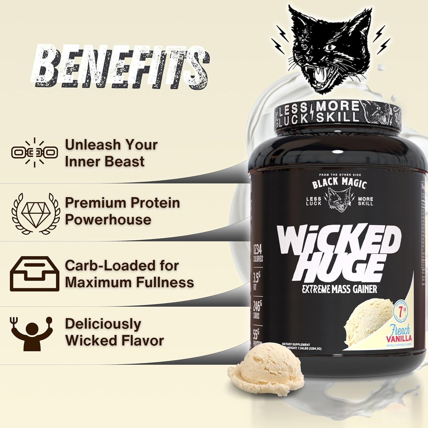 French Vanilla Mass Gainer Protein Powder Bundle for Muscle Support - 7.24 LBS Supplement with Keychain, Compatible with Black Magic Wicked Huge