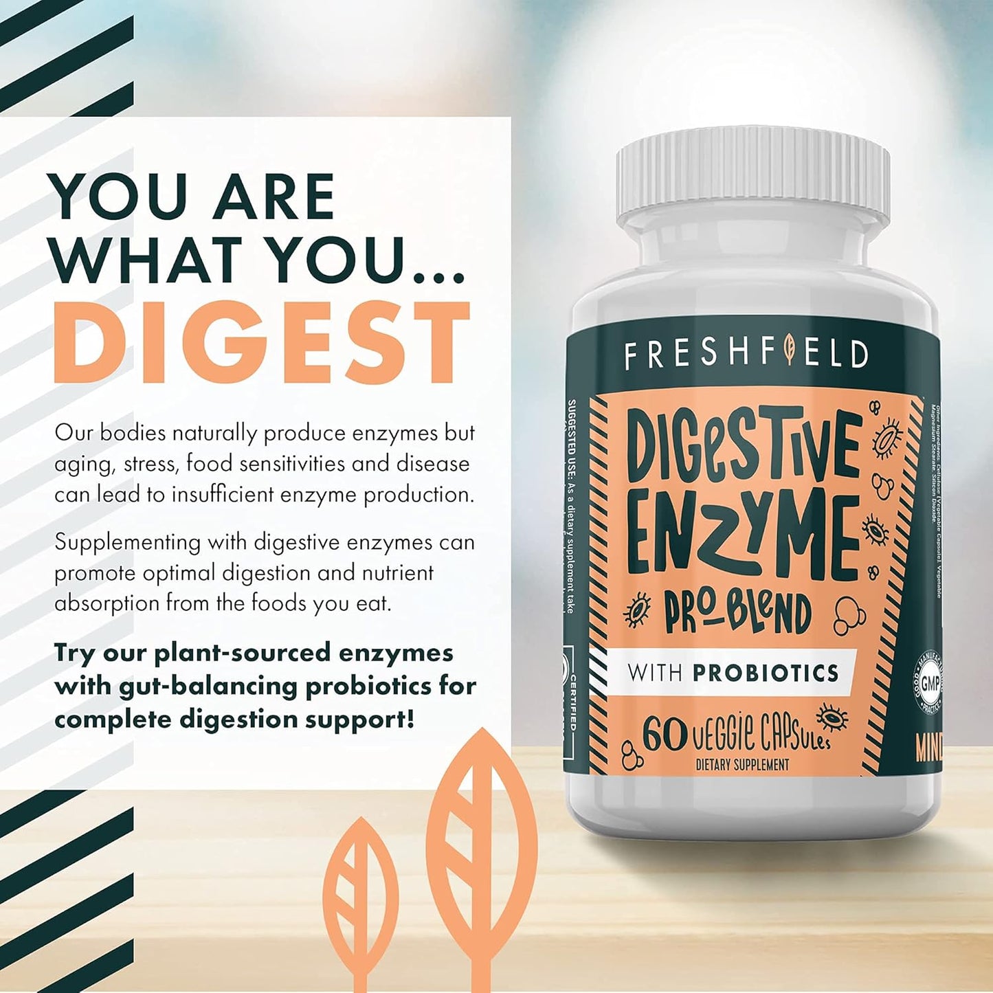 Freshfield Naturals Digestive Enzyme Pro-Blend with Probiotics - Vegan Friendly - Supports Digestive Health - 60 Veggie Capsules
