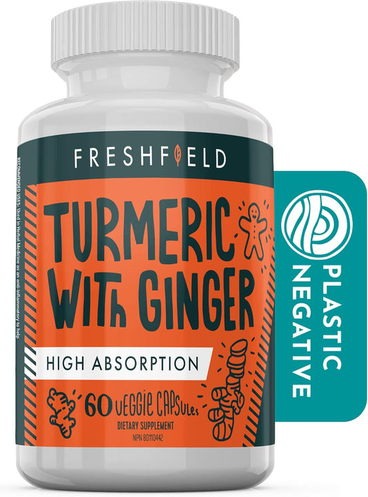 Freshfield Naturals Turmeric and Ginger Supplement with Bioperine® - Vegan Friendly, 600mg Bioactive Compounds, High Absorption, 95% Curcuminoids - 60 Pills