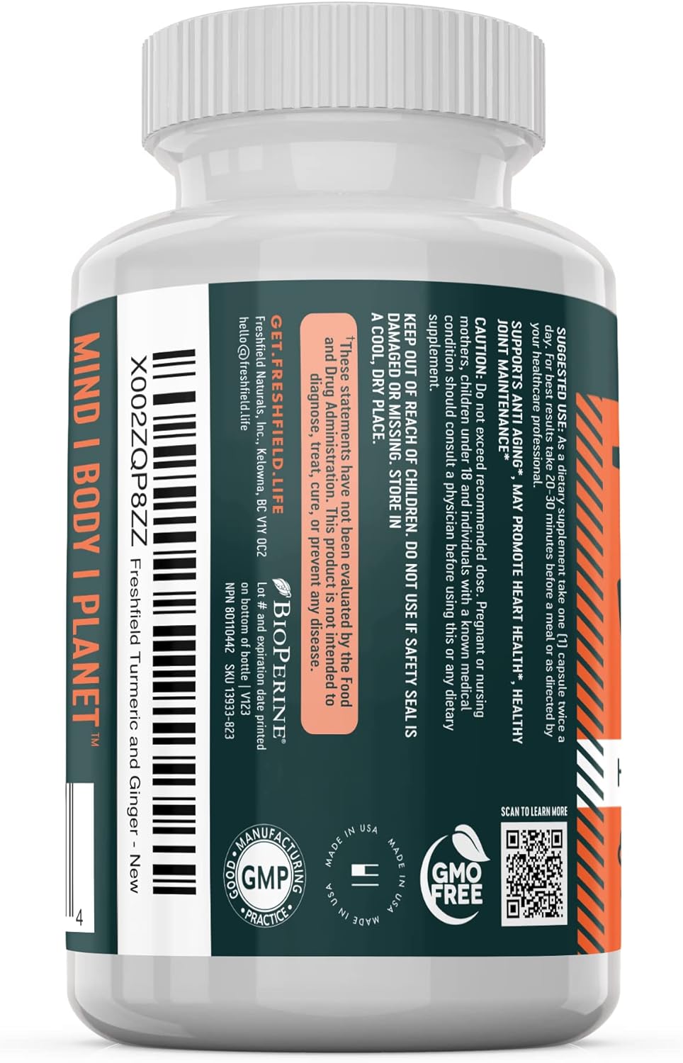 Freshfield Naturals Turmeric and Ginger Supplement with Bioperine® - Vegan Friendly, 600mg Bioactive Compounds, High Absorption, 95% Curcuminoids - 60 Pills