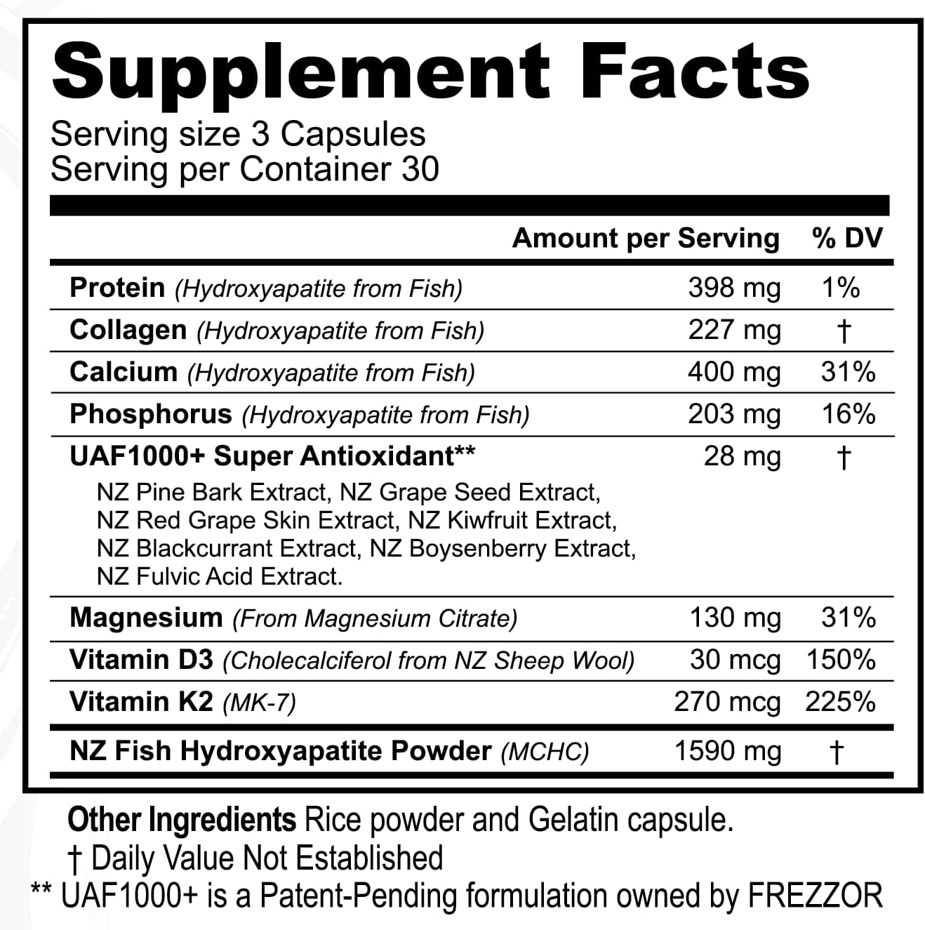 FREZZOR Calcium Plus with UAF1000+ Super Antioxidant - Supports Bone Health & Density, Healthy Weight - Essential Minerals, 180 caps, 2 Month Supply