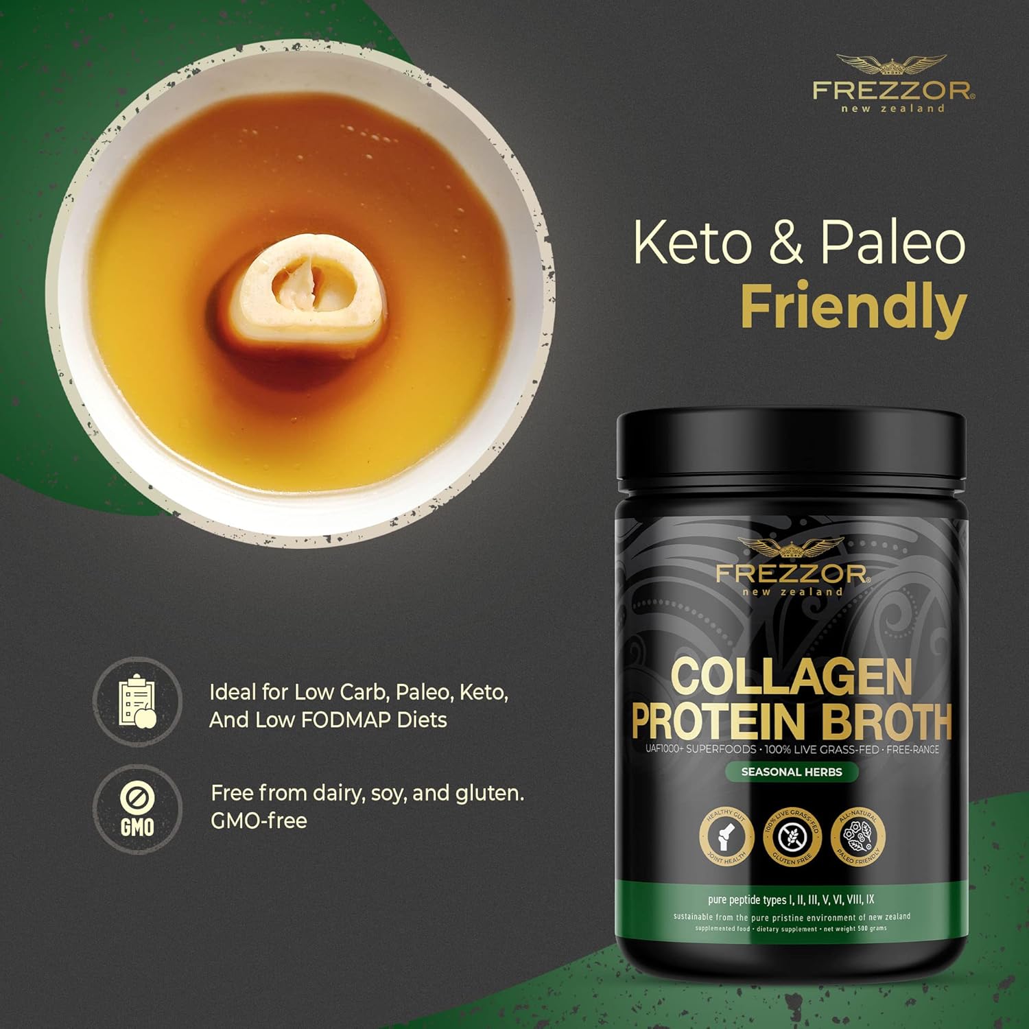 FREZZOR Grass-Fed Bone Broth Protein with UAF1000+ Peptides, Anti-Aging, Digestive Support, Seasonal Herbs, 500g Jar
