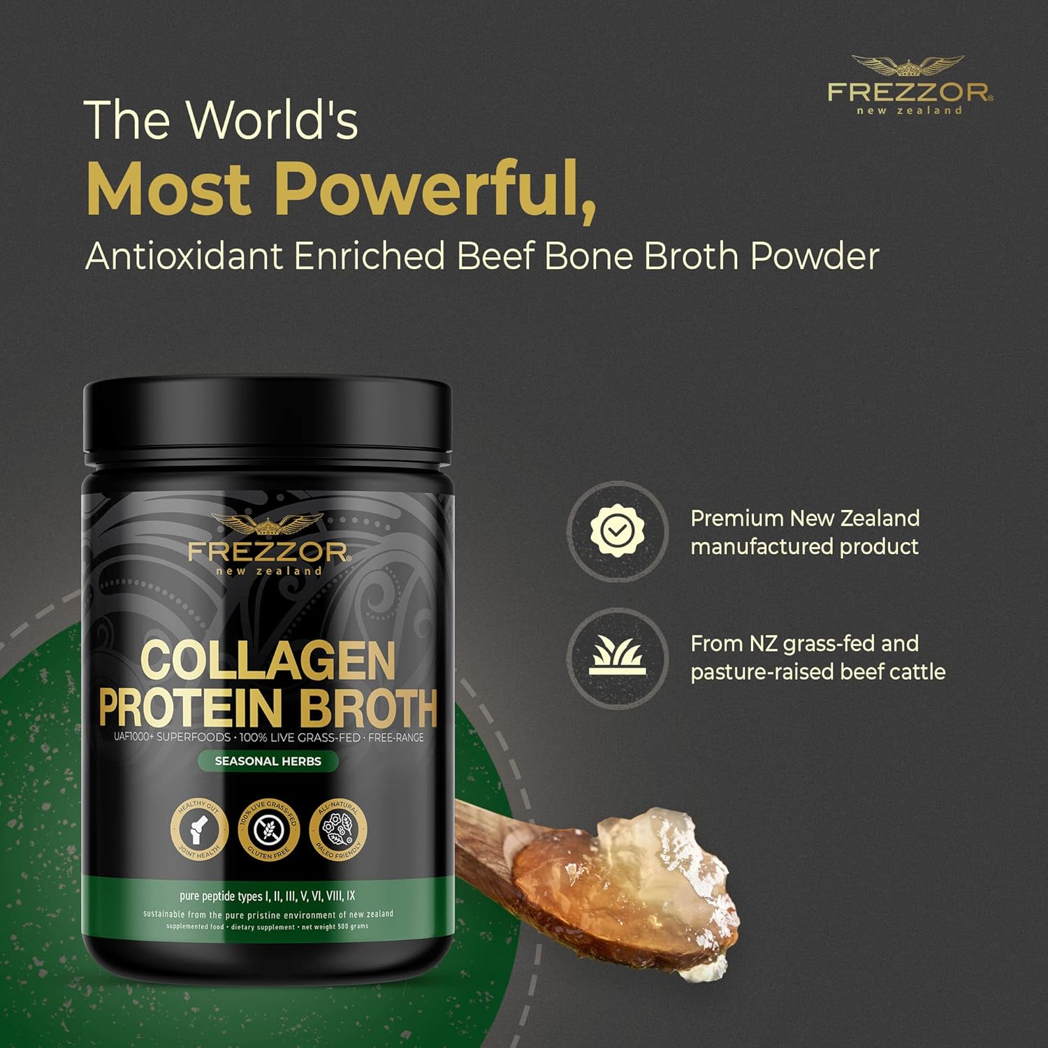 FREZZOR Grass-Fed Bone Broth Protein with UAF1000+ Peptides, Anti-Aging, Digestive Support, Seasonal Herbs, 500g Jar