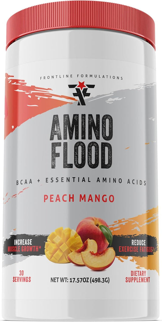 Frontline Formulations Amino Flood: BCAAs and Essential Amino Acids for Muscle Building, Peach Mango Flavor, 30 Servings