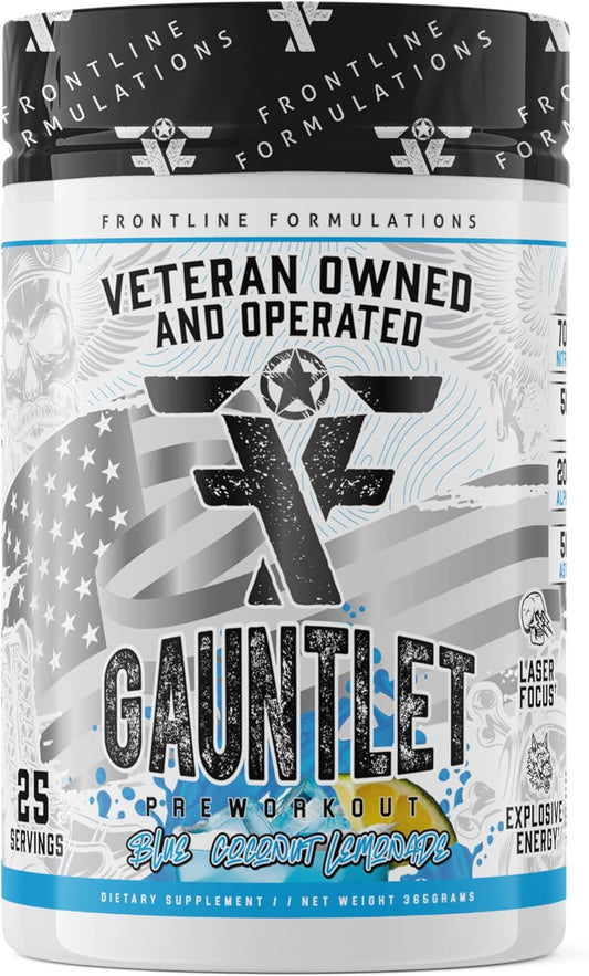 Frontline Formulations Gauntlet Pre-Workout Powder - Explosive Workouts, Laser Focus, Mid Stim, Blue Coconut Lemonade Flavor - 25 Servings