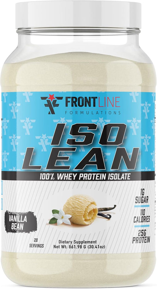 FRONTLINE FORMULATIONS Isolean Vanilla Bean Whey Protein Isolate, Fast Absorption, Low Sugar, 25g Per Serving, Maximize Recovery, 28 Servings