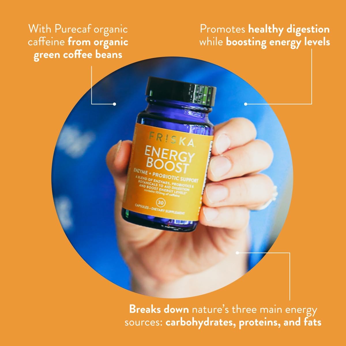 FR!SKA FRISKA Energy Boost Enzyme and Probiotics Supplement - Improve Digestion & Boost Energy - 30 Capsules