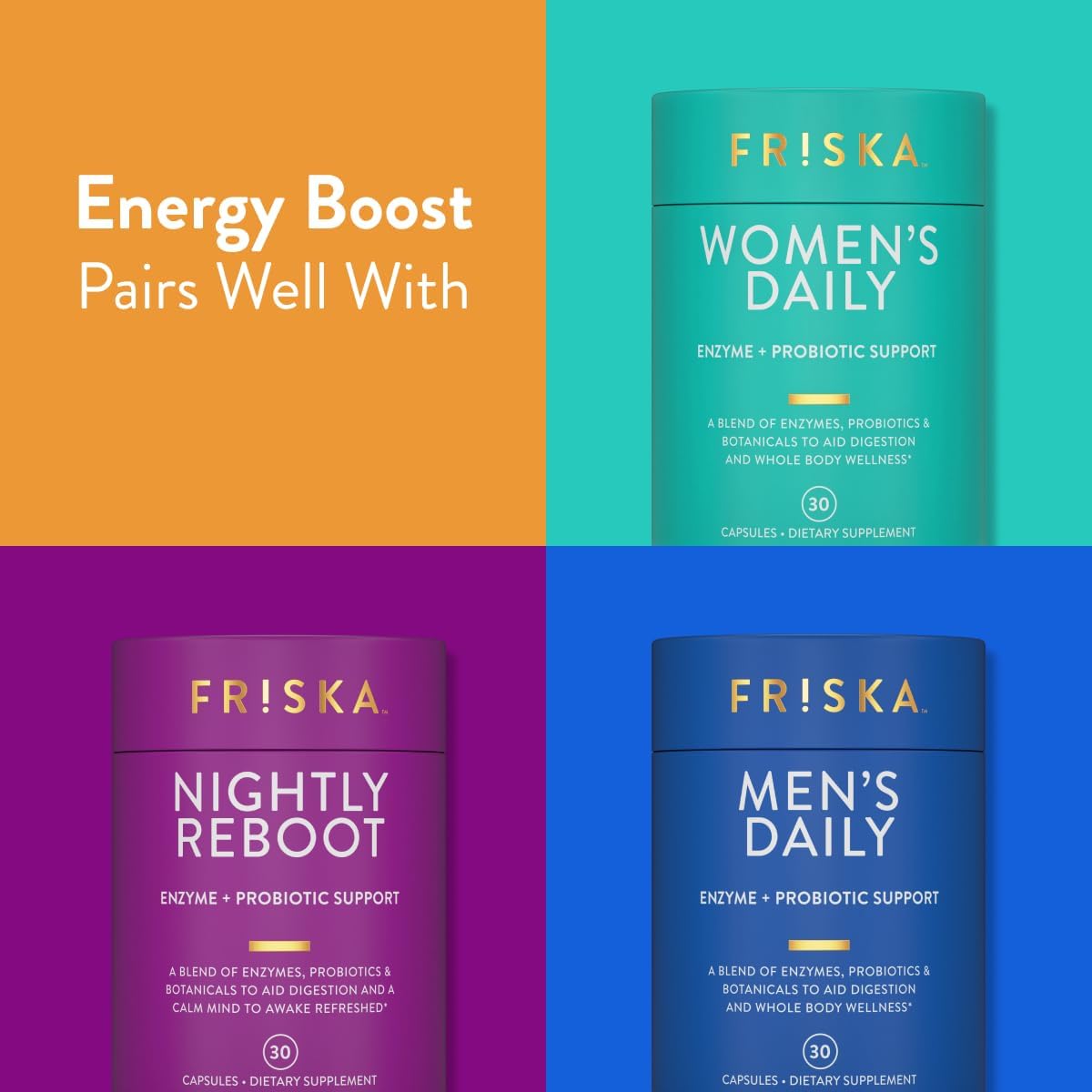 FR!SKA FRISKA Energy Boost Enzyme and Probiotics Supplement - Improve Digestion & Boost Energy - 30 Capsules