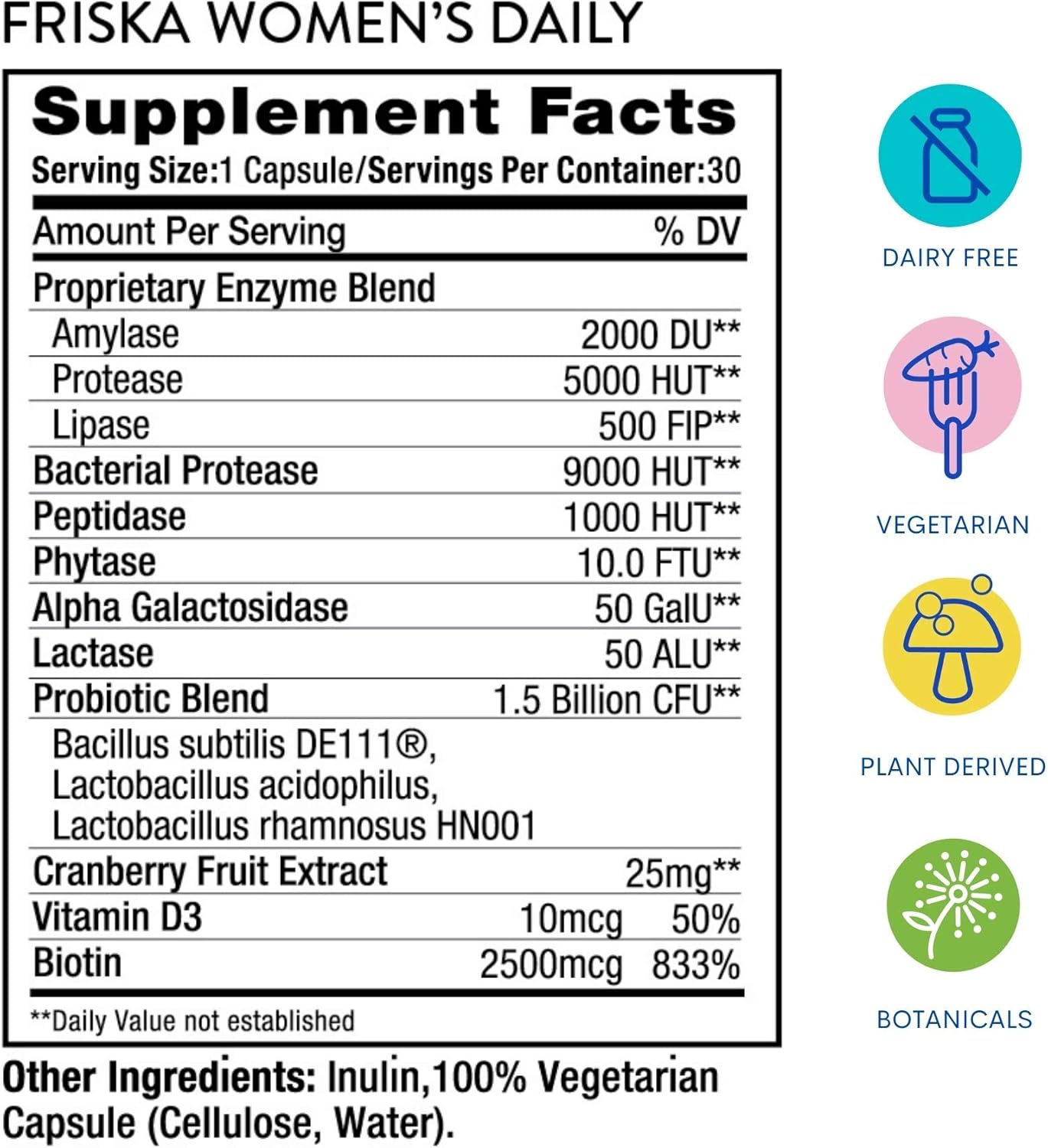 FR!SKA FRISKA Women’s Daily Digestive Enzyme & Probiotics Supplement - Natural Support for Female Digestion, Reduces Bloating, 30 Capsules