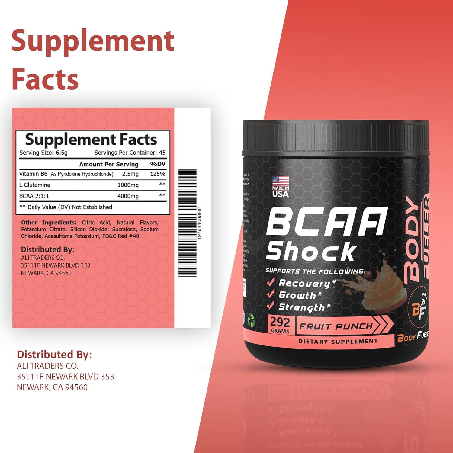 Fruit Punch Amino Acid Energy Powder with BCAA for Muscle Recovery & Growth, Intra & Post Workout Drink - 292g USA-Made