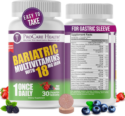 Fruit Punch Flavor Bariatric Multivitamin Chewable Pills with Iron for Gastric Bypass Patients - 30 Tablets