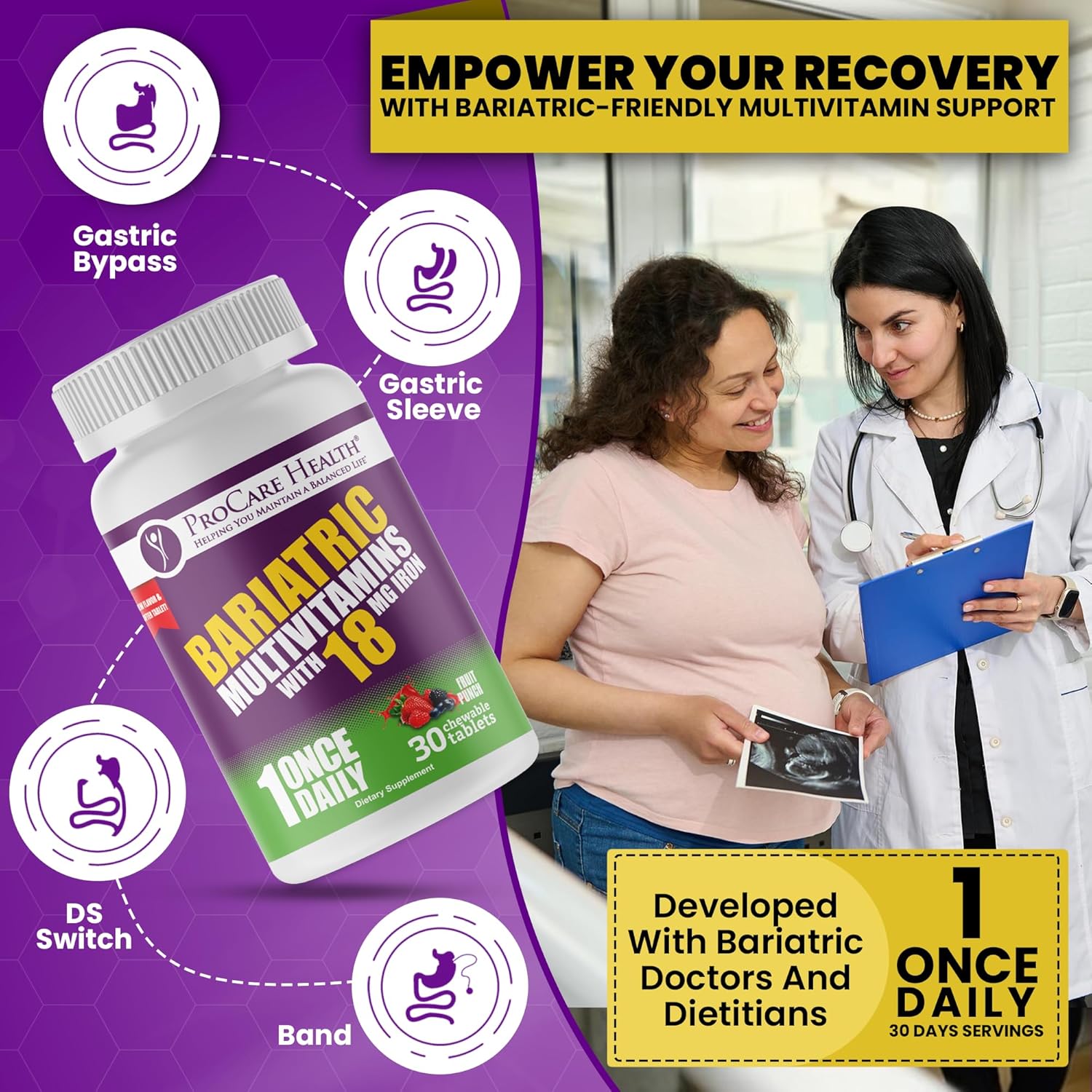 Fruit Punch Flavor Bariatric Multivitamin Chewable Pills with Iron for Gastric Bypass Patients - 30 Tablets