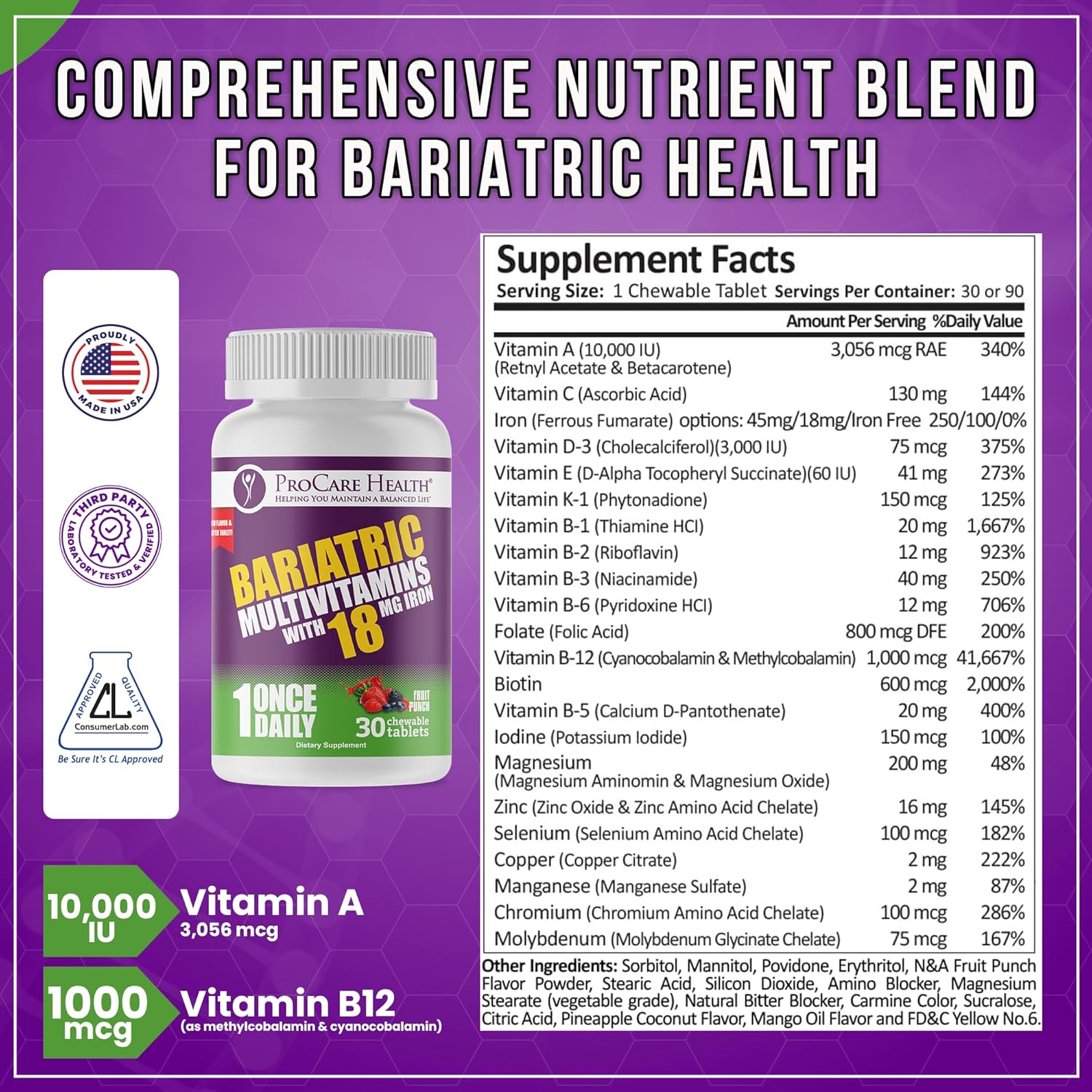 Fruit Punch Flavor Bariatric Multivitamin Chewable Pills with Iron for Gastric Bypass Patients - 30 Tablets