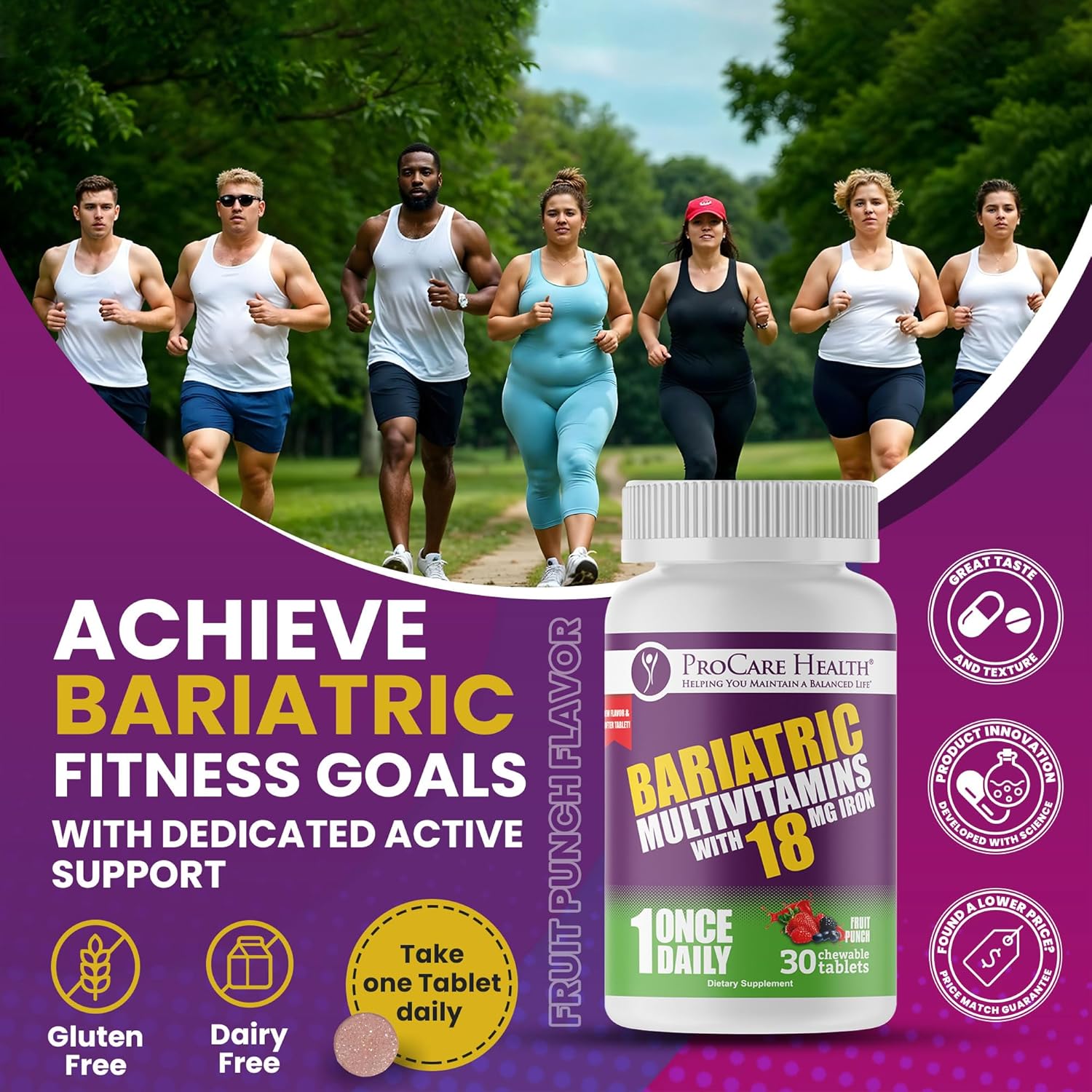 Fruit Punch Flavor Bariatric Multivitamin Chewable Pills with Iron for Gastric Bypass Patients - 30 Tablets