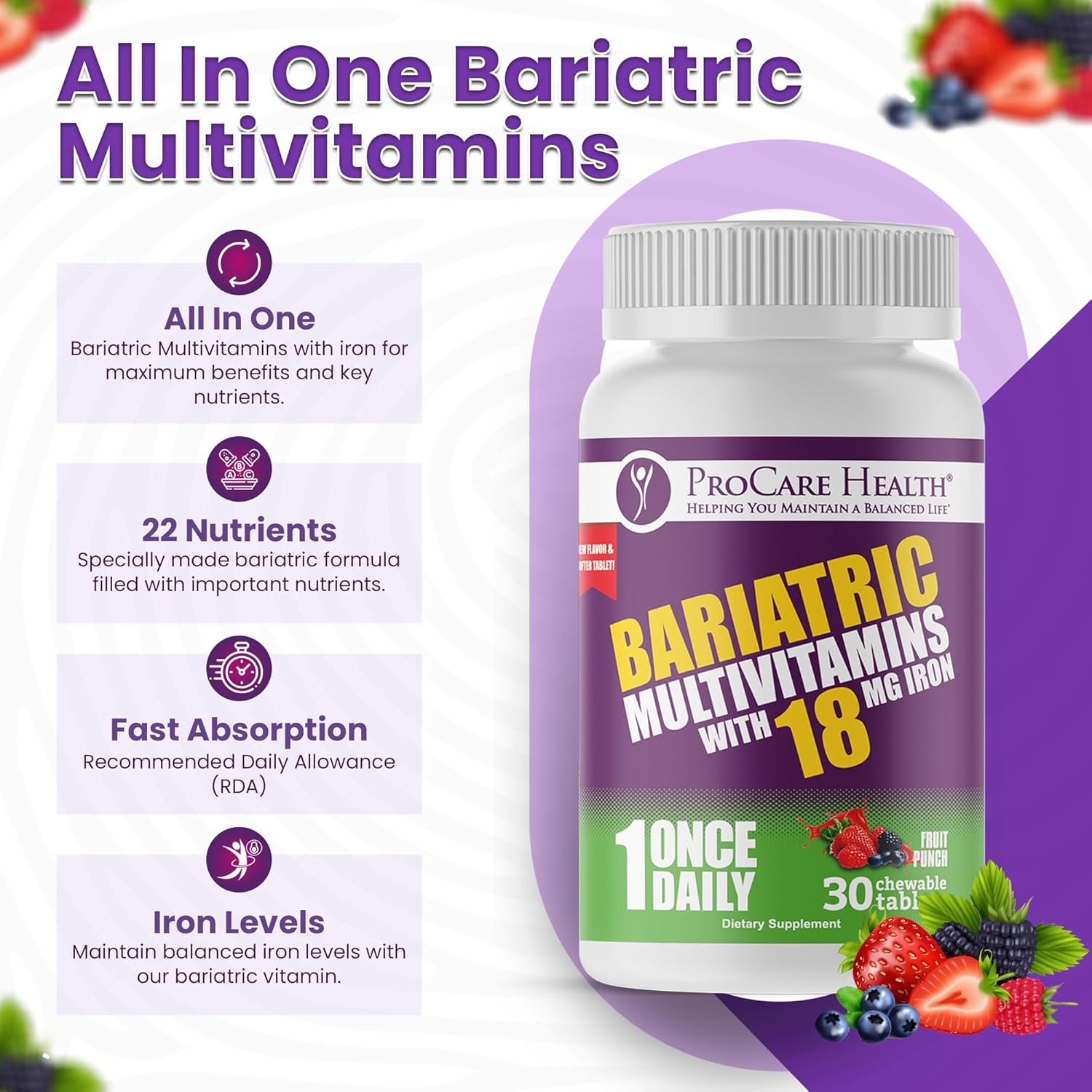 Fruit Punch Flavor Bariatric Multivitamin Chewable Pills with Iron for Gastric Bypass Patients - 30 Tablets