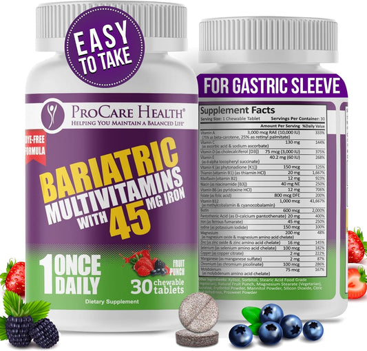 Fruit Punch Flavored Bariatric Multivitamin Chewables with Iron (30 Tablets) - Ideal for Gastric Bypass & Sleeve Gastrectomy Patients