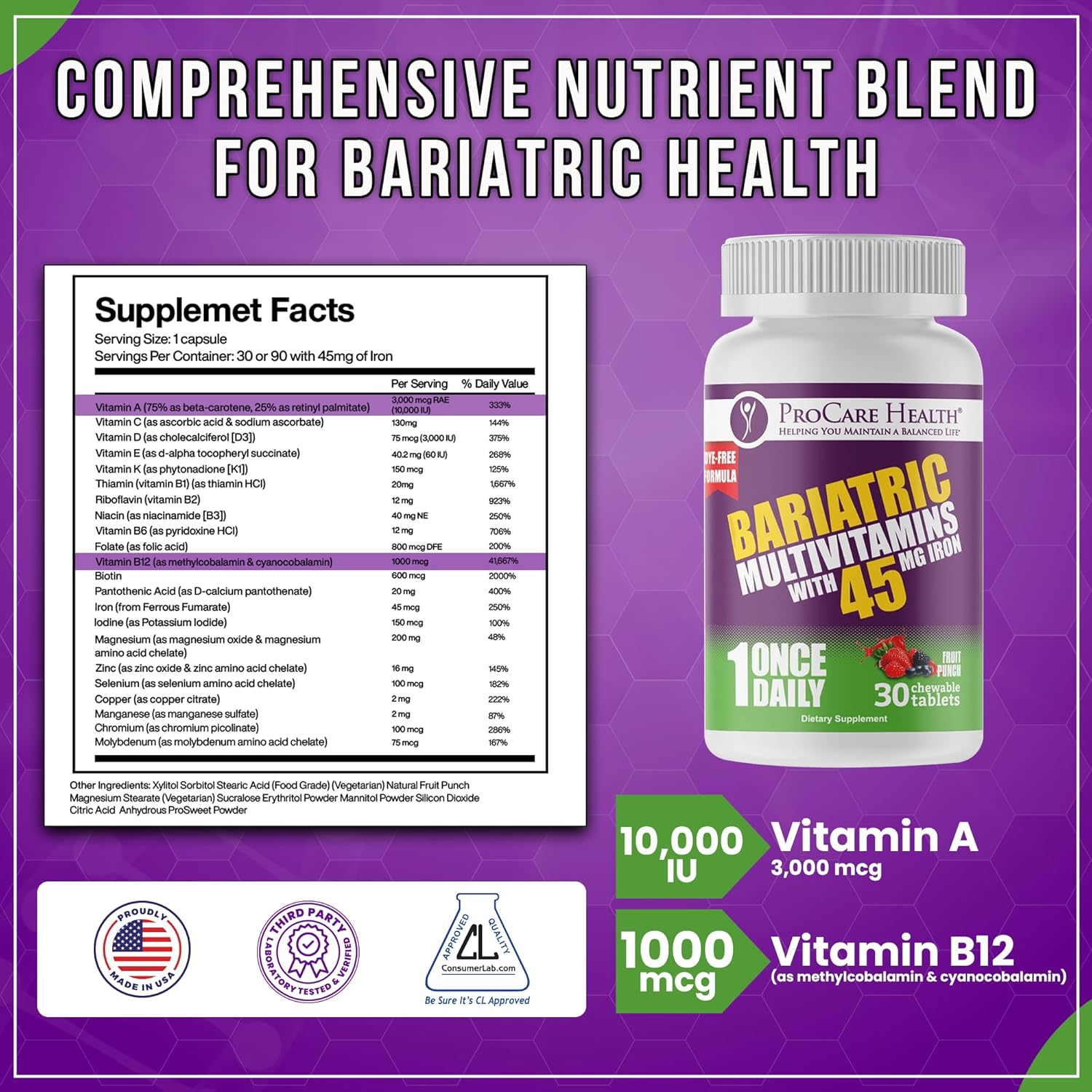 Fruit Punch Flavored Bariatric Multivitamin Chewables with Iron (30 Tablets) - Ideal for Gastric Bypass & Sleeve Gastrectomy Patients