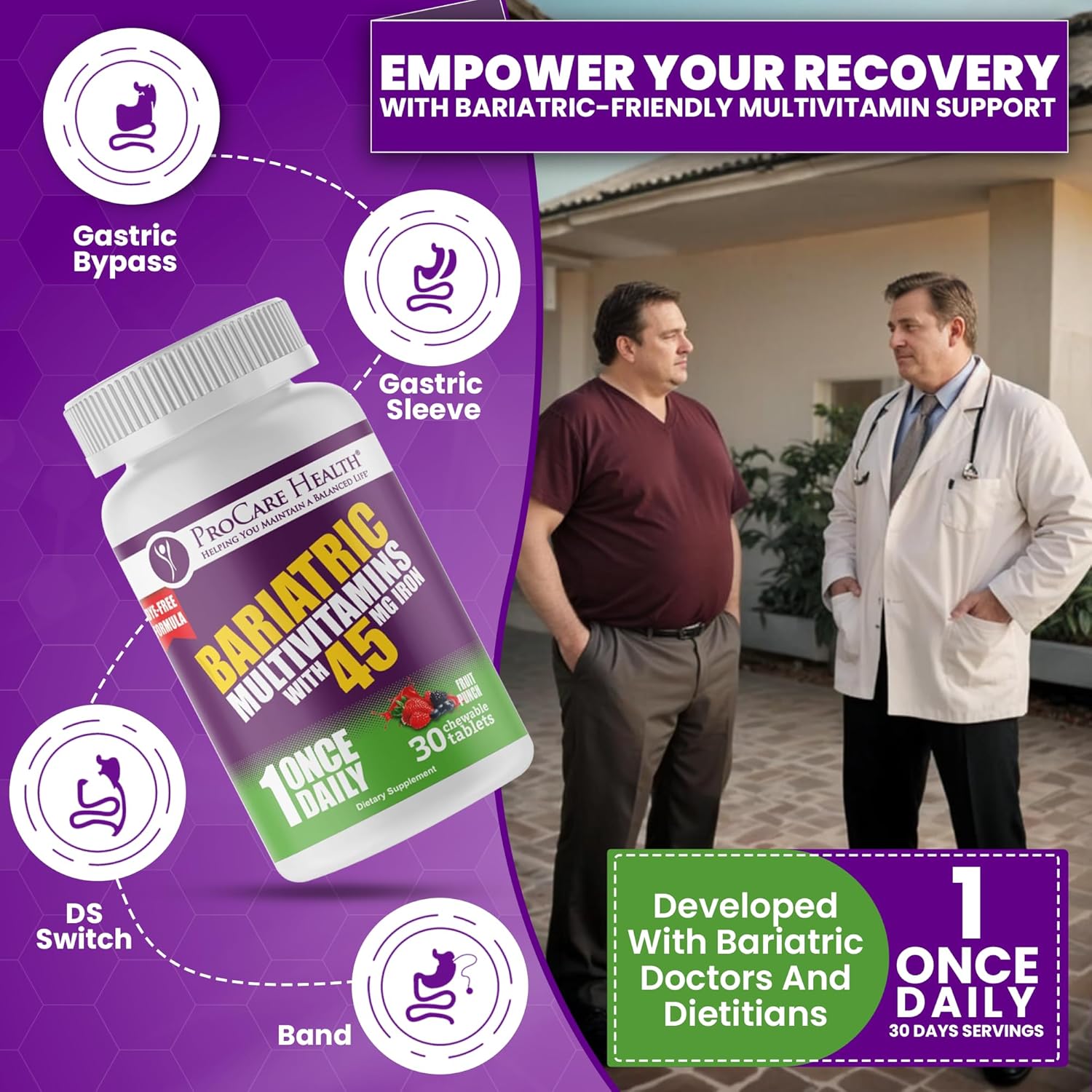 Fruit Punch Flavored Bariatric Multivitamin Chewables with Iron (30 Tablets) - Ideal for Gastric Bypass & Sleeve Gastrectomy Patients