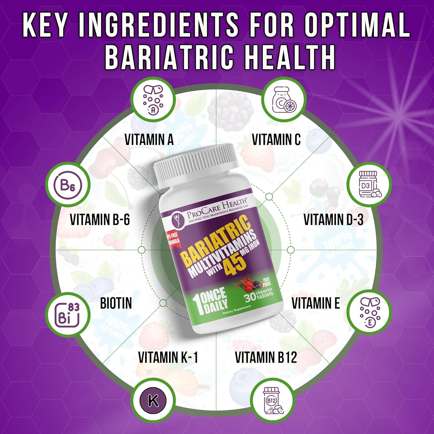 Fruit Punch Flavored Bariatric Multivitamin Chewables with Iron (30 Tablets) - Ideal for Gastric Bypass & Sleeve Gastrectomy Patients