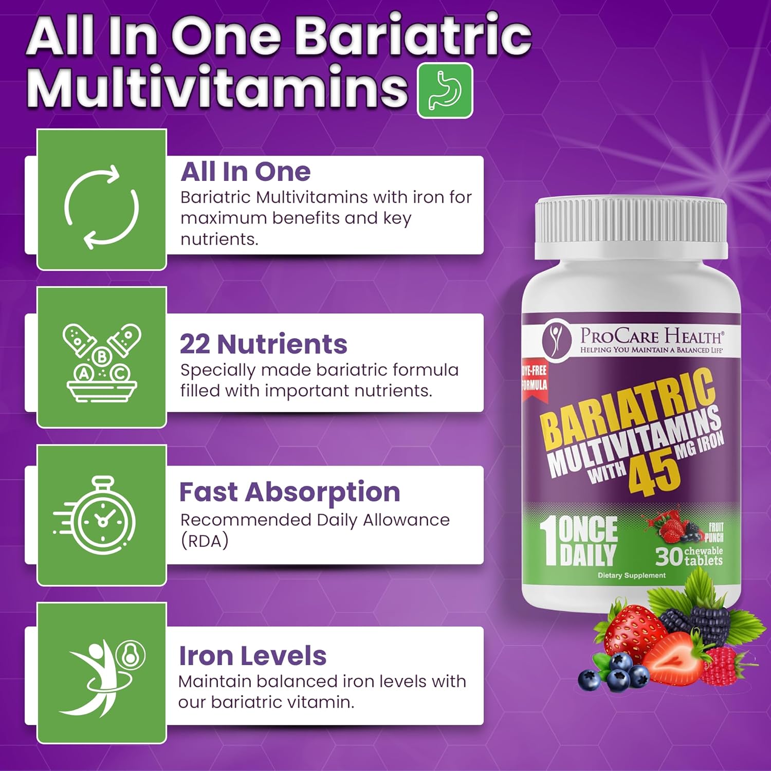 Fruit Punch Flavored Bariatric Multivitamin Chewables with Iron (30 Tablets) - Ideal for Gastric Bypass & Sleeve Gastrectomy Patients