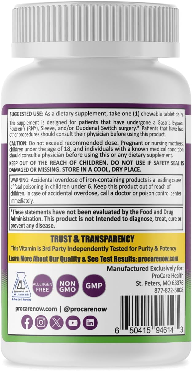 Fruit Punch Flavored Bariatric Multivitamin Chewables with Iron (30 Tablets) - Ideal for Gastric Bypass & Sleeve Gastrectomy Patients