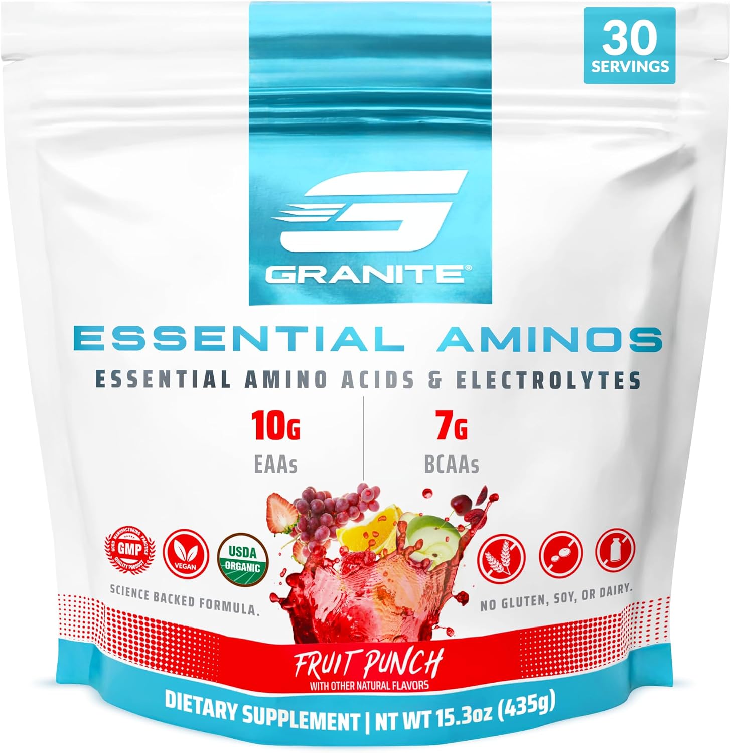 Fruit Punch Granite Essential Amino Acids Powder: 10g EAAs, 7g BCAAs, Muscle Recovery & Growth Support, Soy & Gluten-Free - 30 Servings