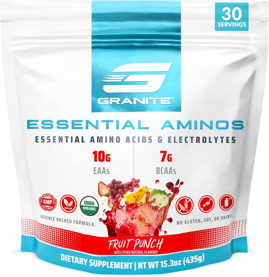 Fruit Punch Granite Essential Amino Acids Powder: 10g EAAs, 7g BCAAs, Muscle Recovery & Growth Support, Soy & Gluten-Free - 30 Servings