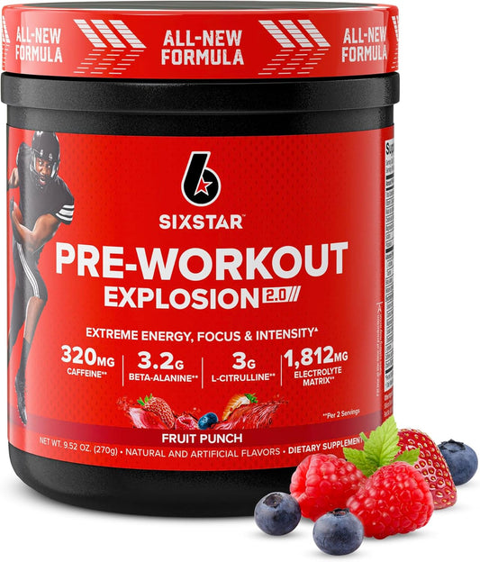 Fruit Punch Preworkout Explosion 2.0 Powder Drink Mix - Energy Booster with Beta-Alanine & Caffeine - Sports Nutrition Supplement for Men & Women (30 Servings)