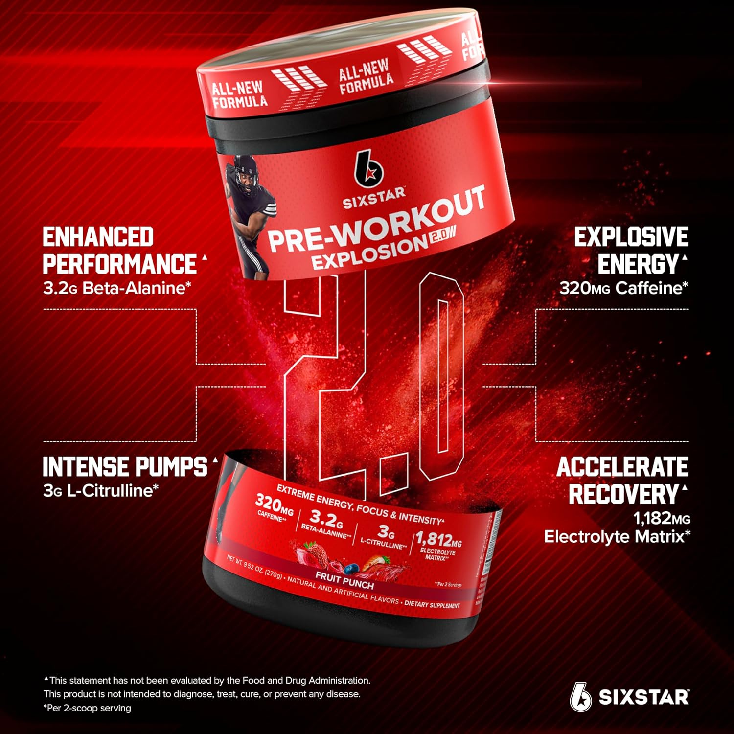 Fruit Punch Preworkout Explosion 2.0 Powder Drink Mix - Energy Booster with Beta-Alanine & Caffeine - Sports Nutrition Supplement for Men & Women (30 Servings)