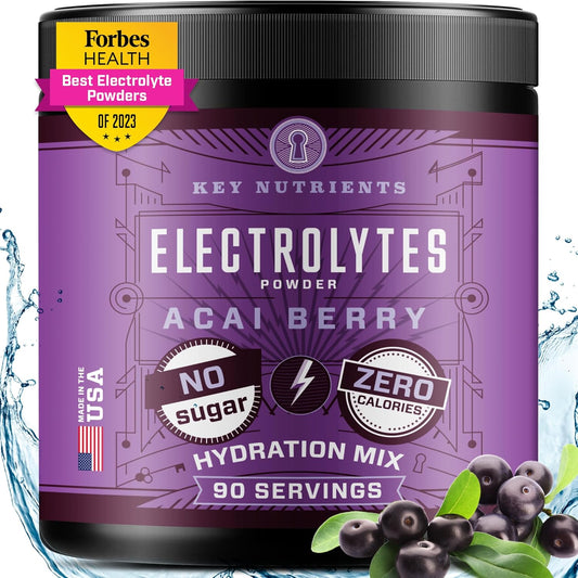 Fruity Acai Berry Electrolyte Powder with Key Nutrients - No Sugar Hydration Supplement for Endurance & Energy - 90 Servings - Made in USA