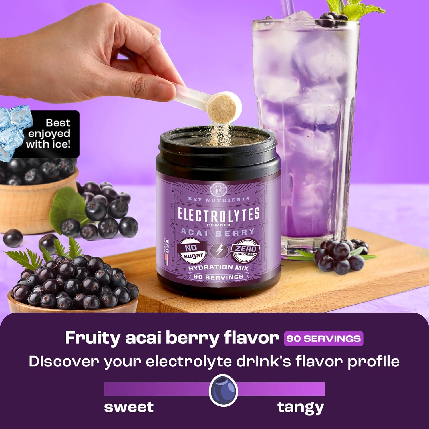 Fruity Acai Berry Electrolyte Powder with Key Nutrients - No Sugar Hydration Supplement for Endurance & Energy - 90 Servings - Made in USA