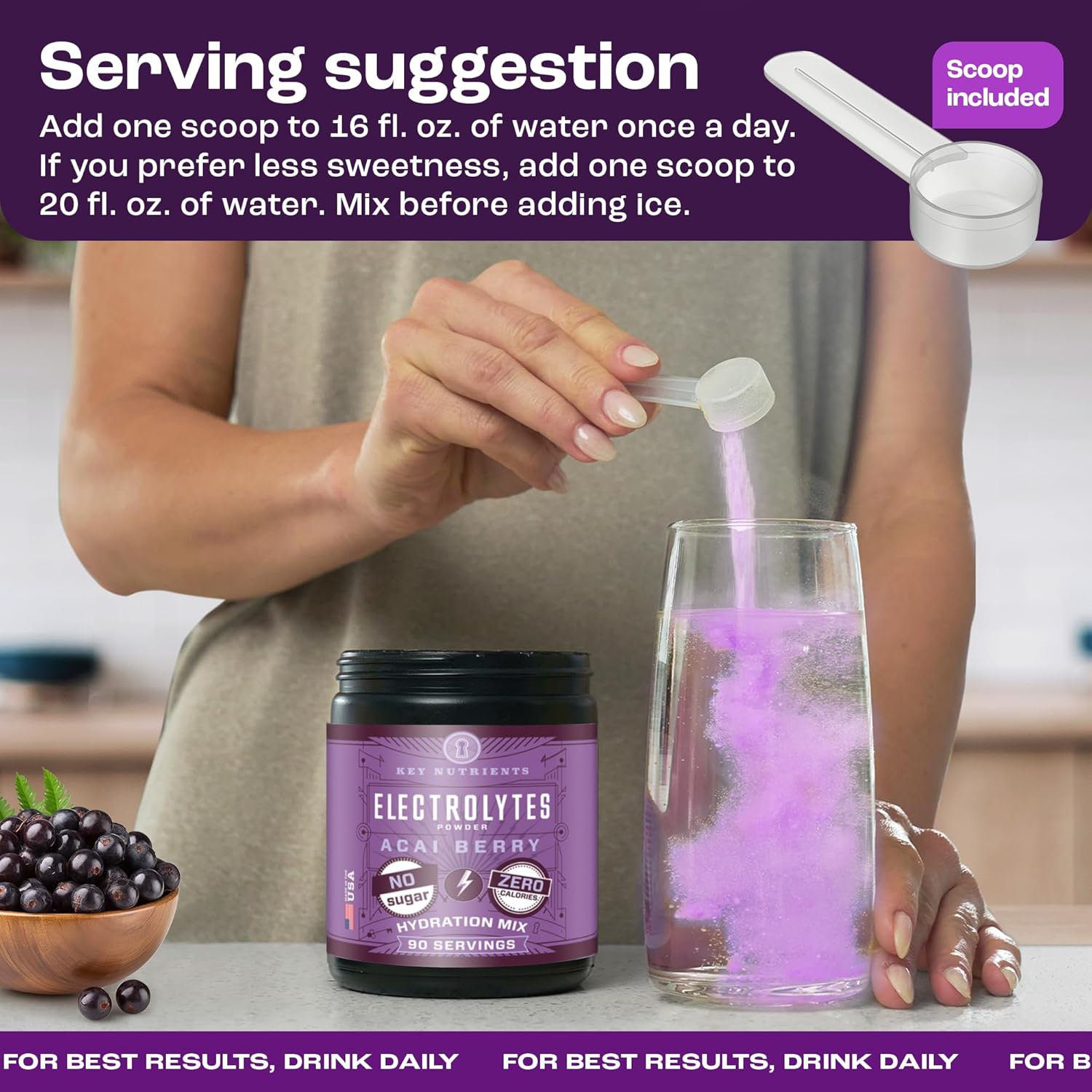 Fruity Acai Berry Electrolyte Powder with Key Nutrients - No Sugar Hydration Supplement for Endurance & Energy - 90 Servings - Made in USA