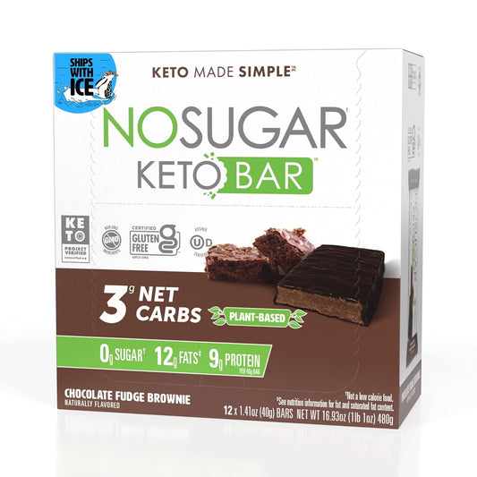 Fudge Brownie Keto Bars - Low Carb Snack with 9g Protein, 13g Healthy Fat, Sugar Free, 12 Bars