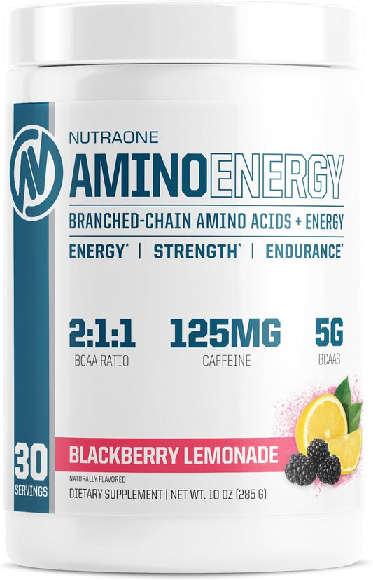 Fuel and Recover with NutraOne Amino Energy BCAA Powder Pre-Workout Supplement - BlackBerry Lemonade Flavor, 30 Servings