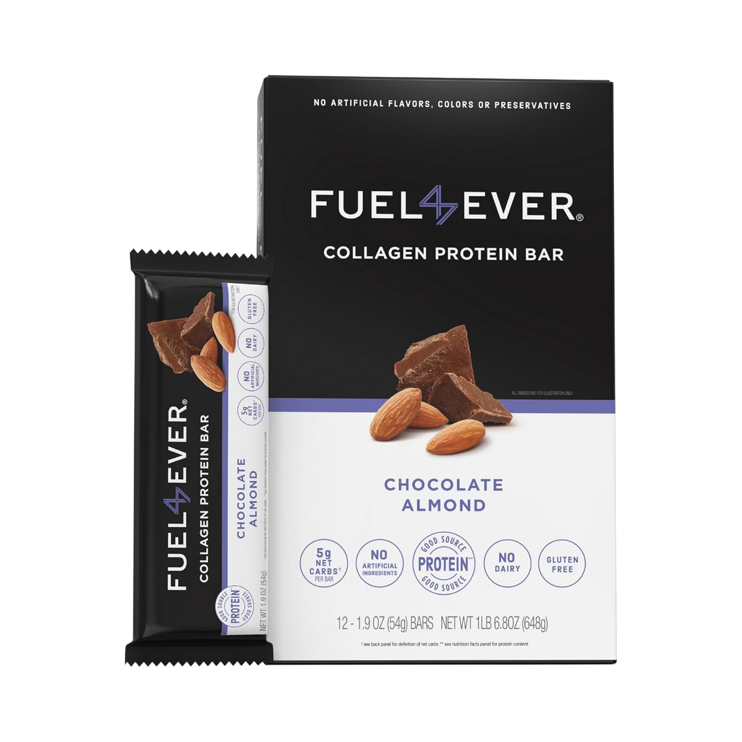 Fuel4Ever Chocolate Almond Collagen Protein Bars - Box of 12 | 14G Protein, Gluten & Dairy Free, No Sugar Added