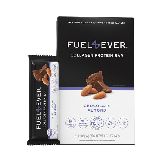 Fuel4Ever Chocolate Almond Collagen Protein Bars - Box of 12 | 14G Protein, Gluten & Dairy Free, No Sugar Added