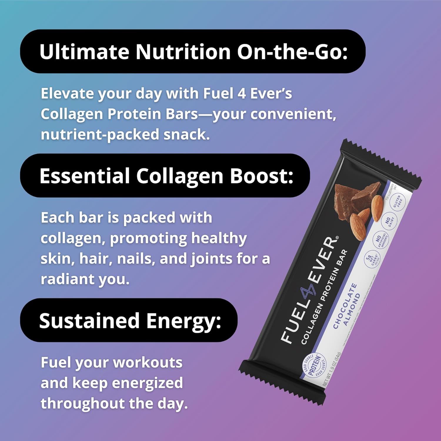 Fuel4Ever Chocolate Almond Collagen Protein Bars - Box of 12 | 14G Protein, Gluten & Dairy Free, No Sugar Added