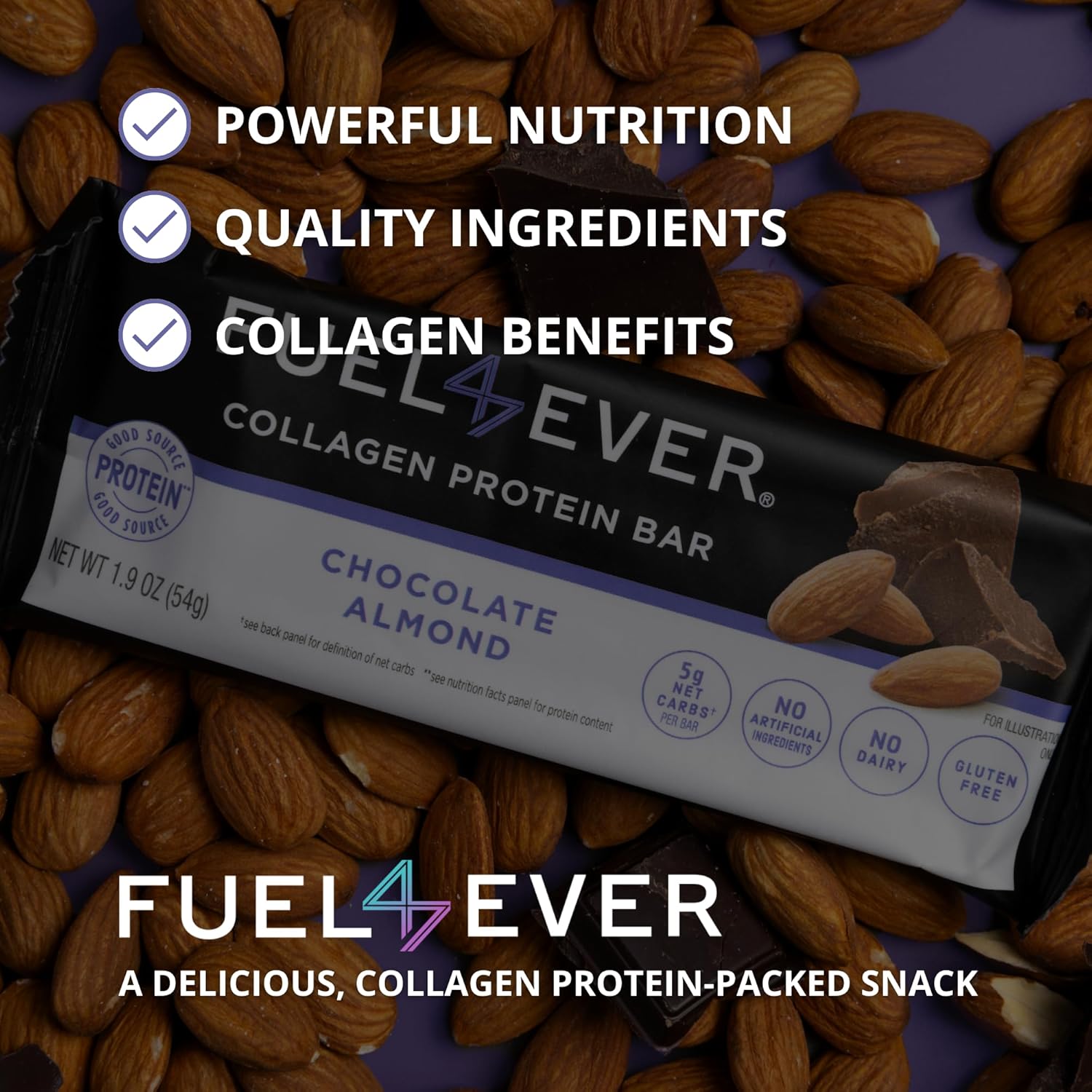Fuel4Ever Chocolate Almond Collagen Protein Bars - Box of 12 | 14G Protein, Gluten & Dairy Free, No Sugar Added