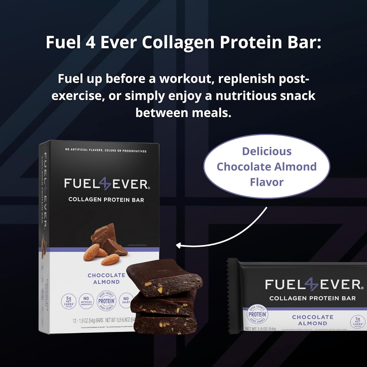 Fuel4Ever Chocolate Almond Collagen Protein Bars - Box of 12 | 14G Protein, Gluten & Dairy Free, No Sugar Added