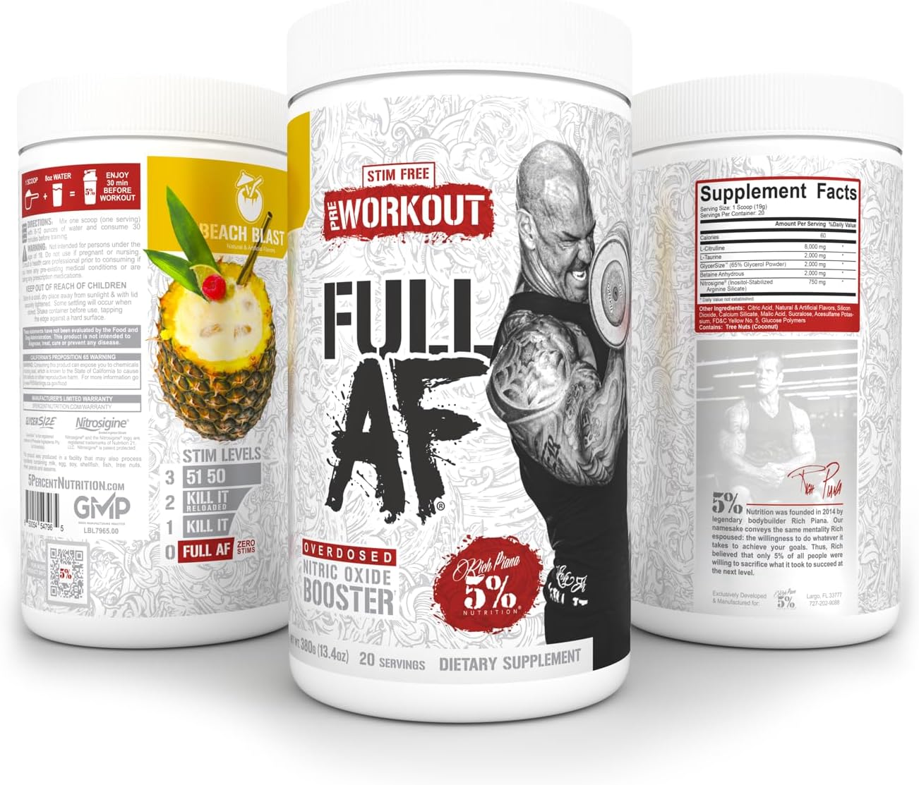 FullAF Pre-Workout Supplement for Massive Pumps - Stimulant-Free Blend with L-Citrulline, L-Taurine, Nitrosigine, GlycerSize - 13.4oz (Beach Blast)
