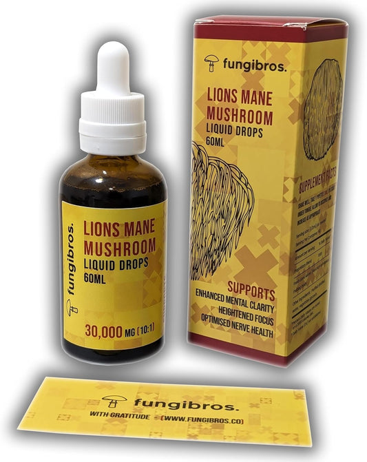 FungiBros. Lions Mane Liquid Extract 60ml - 30,000mg High Strength 10:1 Ratio - 2-Month Supply - Cognitive Support & Immune Booster