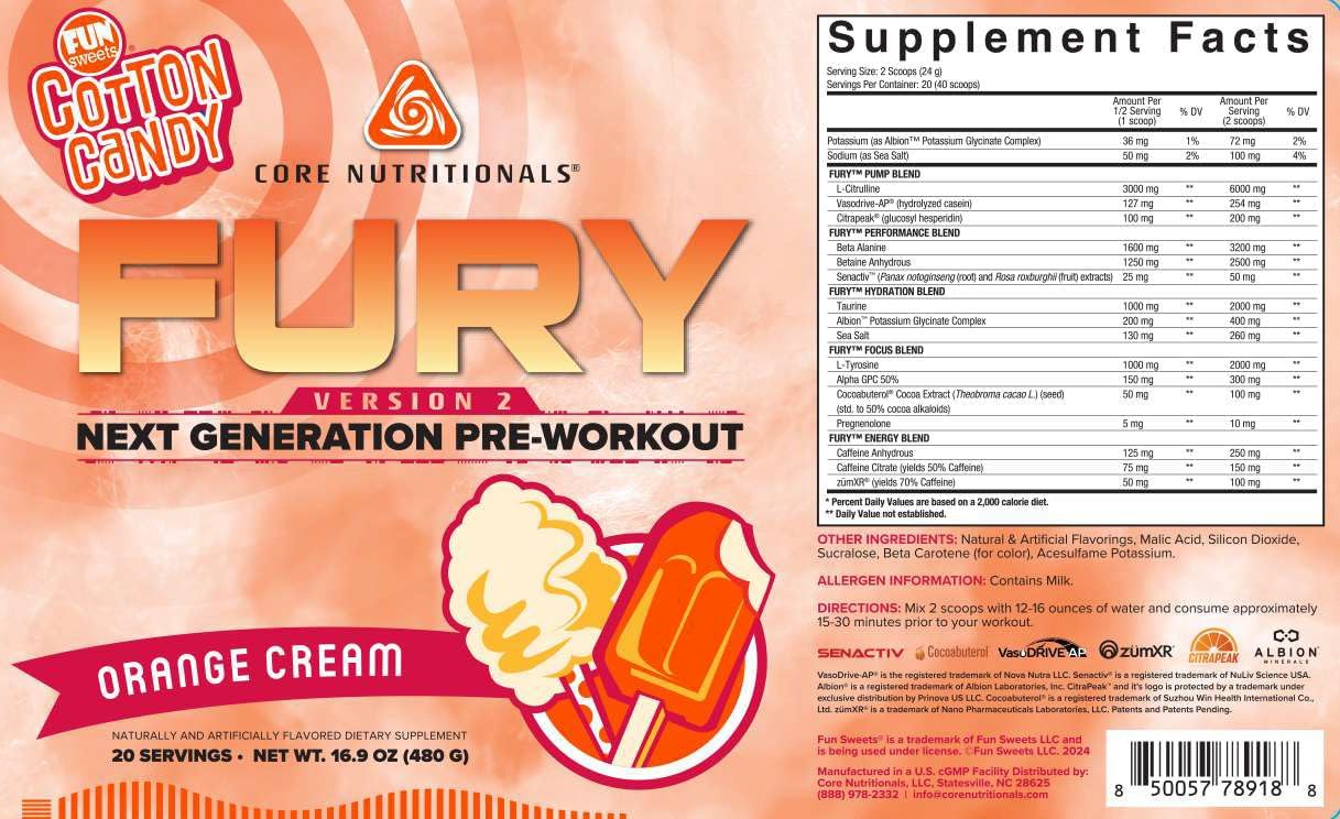 Fury V2 Pre-Workout Powder with Zum-XR® Caffeine, L-Citrulline, and Alpha GPC for Enhanced Gym Performance (40 Scoops, Fun Sweets™ Orange Cream Flavor)