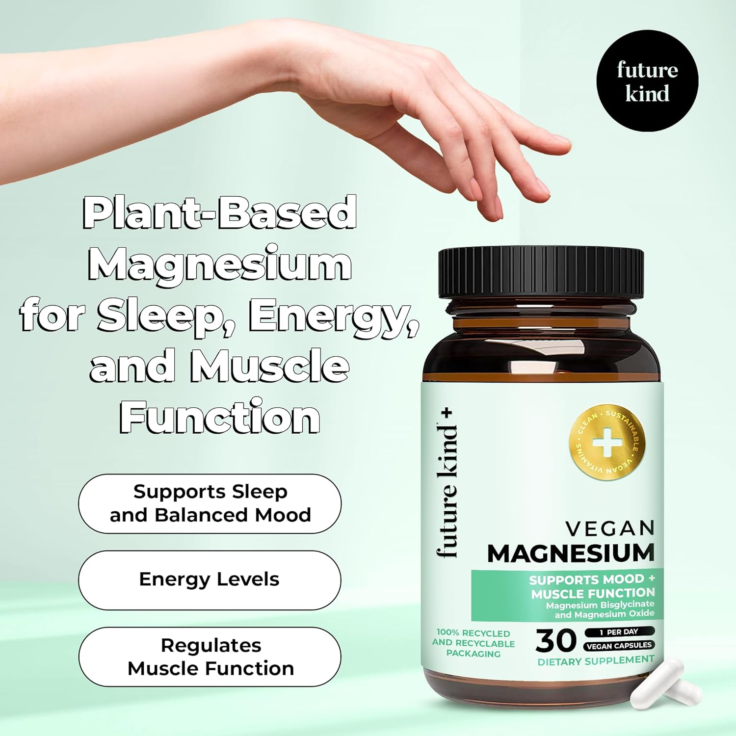 Future Kind Chelated Magnesium Capsules - Vegan & Highly Bioavailable Supplement for Sleep, Energy, and Muscle Support (30ct)