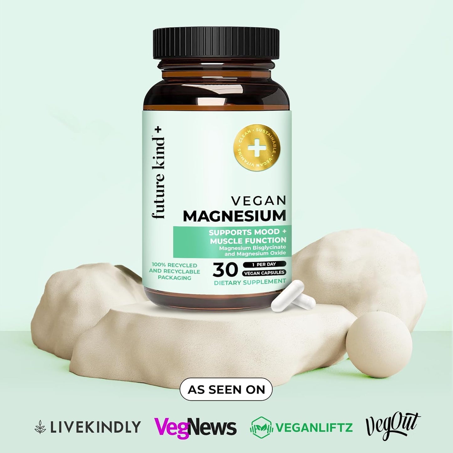 Future Kind Chelated Magnesium Capsules - Vegan & Highly Bioavailable Supplement for Sleep, Energy, and Muscle Support (30ct)