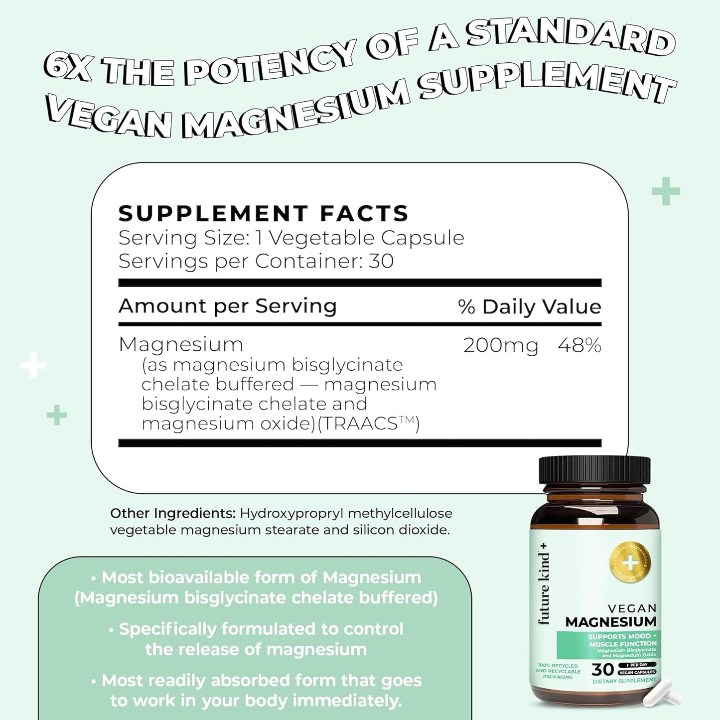Future Kind Chelated Magnesium Capsules - Vegan & Highly Bioavailable Supplement for Sleep, Energy, and Muscle Support (30ct)