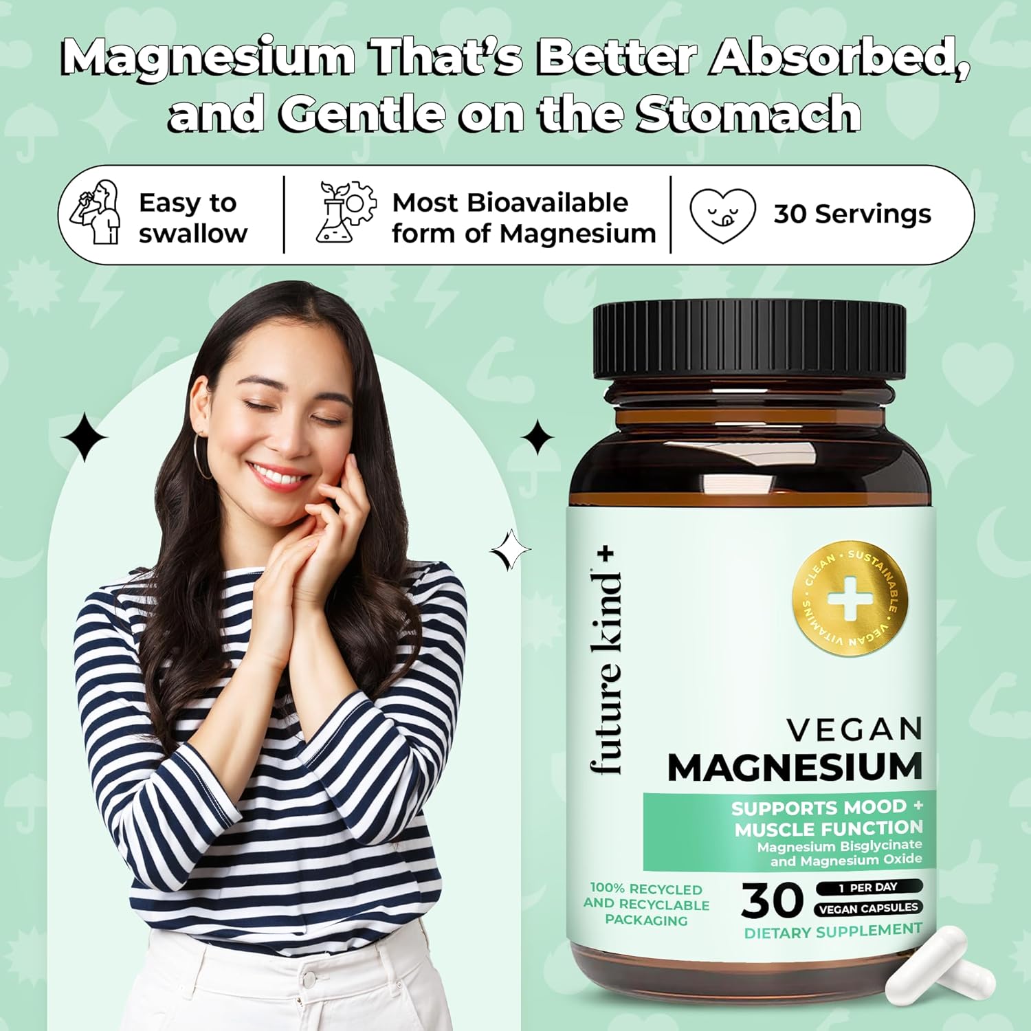 Future Kind Chelated Magnesium Capsules - Vegan & Highly Bioavailable Supplement for Sleep, Energy, and Muscle Support (30ct)