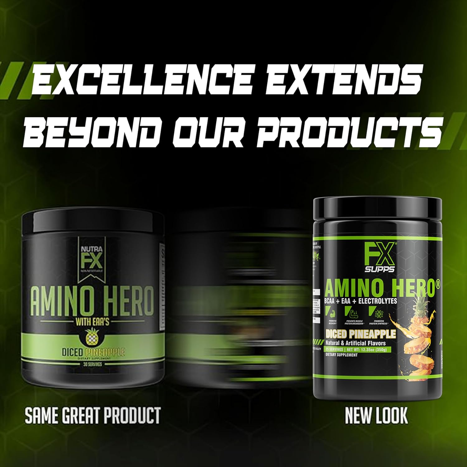 FXSUPPS Amino Hero Diced Pineapple Post-Workout Recovery Drink | Energy Powder with BCAA, EAA, Electrolytes | Boost Endurance and Muscle Health - 25 Servings