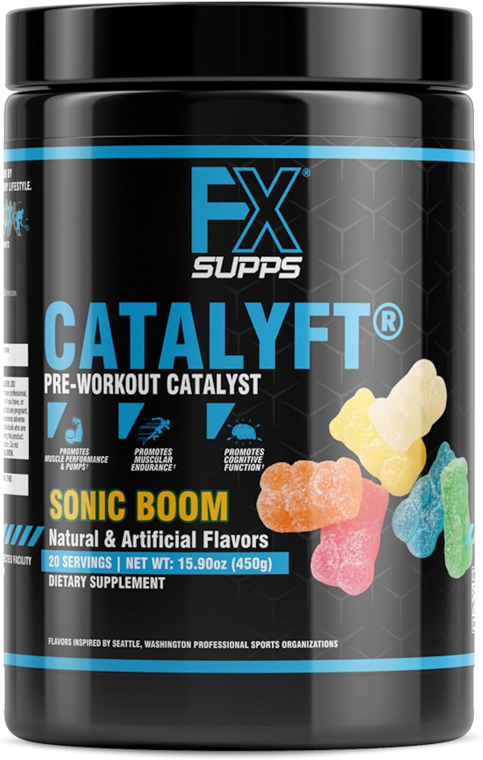 FXSUPPS Catalyft Pre-Workout Powder Drink - Sonic Boom Flavor, 20 Servings - Enhances Energy, Muscle Gain, and Focus - Includes Creatine, Caffeine, and Beta-Alanine - Ideal for Men and Women
